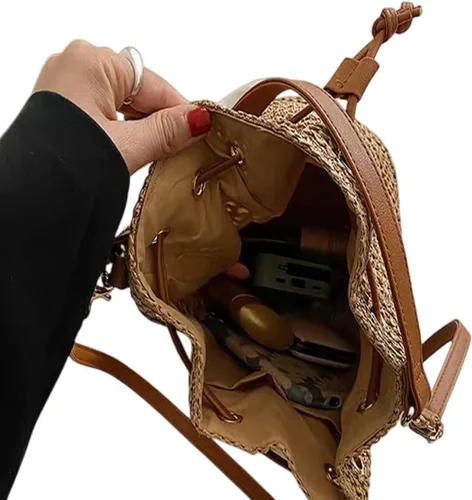 Vista 2 de Bolso pequeño de paja con cordón para mujer, bolso de hombro hueco para verano, playa