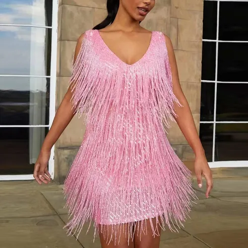 Vista 2 de Vestidos de cóctel para mujer, sexy, cuello en V profundo, con flecos, tirantes delgados, vestido de lentejuelas y plumas, vestido de fiesta