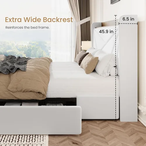 Vista 7 de SHA CERLIN Base de cama Queen con 3 cajones, puertos de carga USB y Type-C, cama de plataforma tapizada de terciopelo con cabecera de almacenamiento