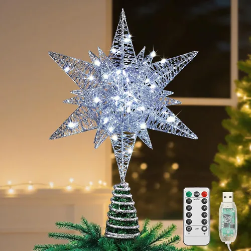 Vista 15 de Lewondr - Estrella para punta de árbol de Navidad, alimentación USB, control remoto, diseño hexagonal multicapa de 11 pulgadas, 8 modos de luz