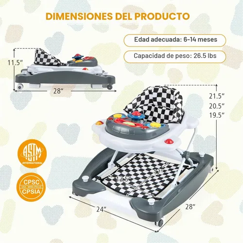 Vista 7 de BABY JOY Andador de bebé 6 en 1, andador de bebé plegable con ruedas, altura ajustable, música, luces, modo saltador y balancín, andadores de bebé