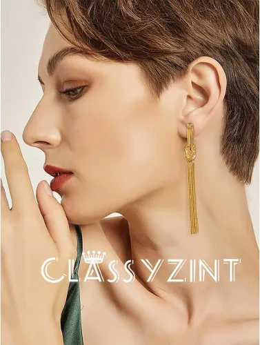 Vista 5 de CLASSYZINT Pendientes largos con borlas doradas para mujer