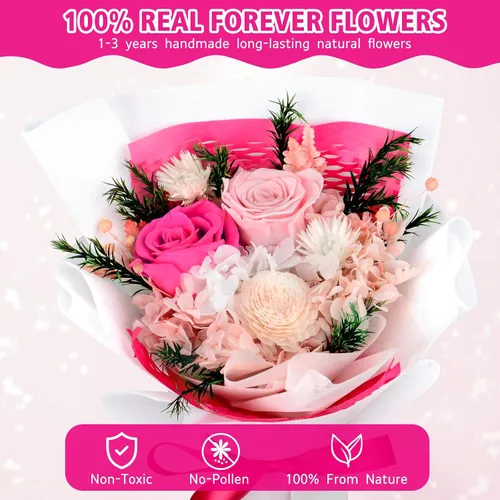 Vista 2 de Ramo de flores preservadas, flores para entrega, regalo para ella, novia, mamá en Navidad, día de San Valentín, día de la madre, aniversario