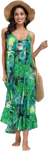 Vista 2 de BUENOS NINOS - Vestido largo hasta el tobillo para mujer, con cuello en V, estampado floral, de estilo bohemio, con tirantes delgados ajustables