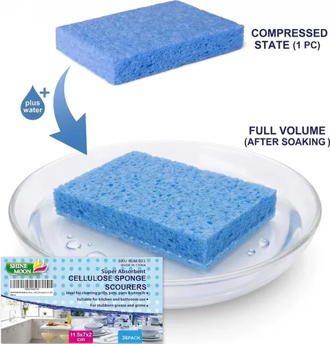Vista 4 de Paquete de 36 esponjas de celulosa comprimida emergentes, esponja de cocina resistente, limpia y resistente sin rayones, ecológicas, reutilizables