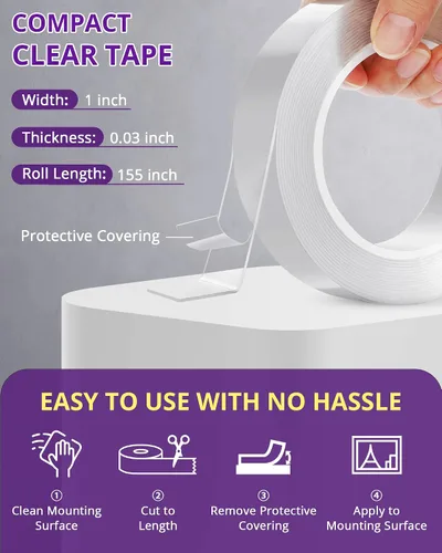 Vista 5 de HitLights Cinta transparente de doble cara resistente, adhesivo fuerte, 155 pulgadas x 1 pulgada Removable, Transparent Mounting Tape for Walls