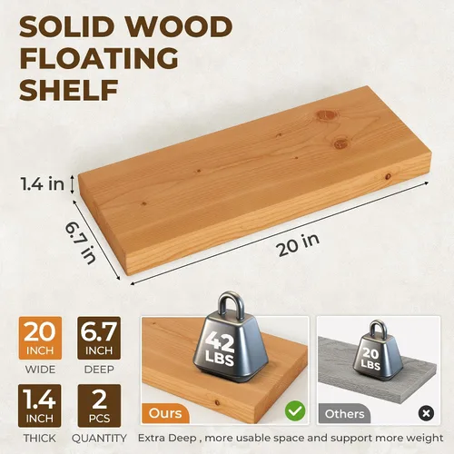 Vista 2 de Estantes flotantes de 20 pulgadas para pared, estante flotante de madera maciza de alta gama con soporte invisible resistente, estantes de pared