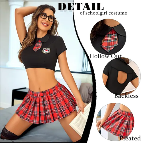 Vista 3 de Avidlove Conjunto de lencería sexy para mujer, disfraz de 2 piezas con corbata superior y minifalda plisada