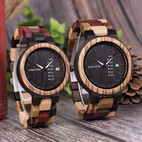 Vista 9 de BOBO BIRD Wood Watches Colorful Wood WristWatches Week & Date Display Multifunction Handmade Quartz Watch Sport Chronograph Unique Wristwatch for