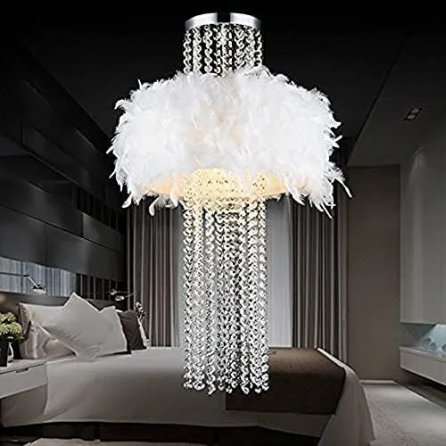 Vista 3 de Lámpara de techo moderna colgante de cristal plumas blancas, lámpara de techo, bombilla dormitorio, accesorios, 27.6 * 33.1 in