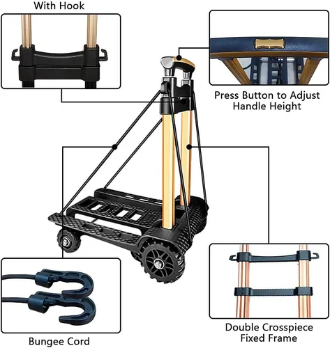 Vista 4 de Carro de mano plegable, portátil, compacto, con 154.3 lbs/155 libras, resistente, 4 ruedas, construcción sólida, mango ajustable para mudanzas