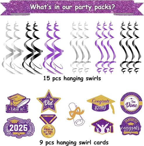 Vista 4 de Decoraciones de graduación de oro morado 2026/oro morado, decoraciones de fiesta de graduación NYU colgantes clase de 2026 púrpura para fiesta