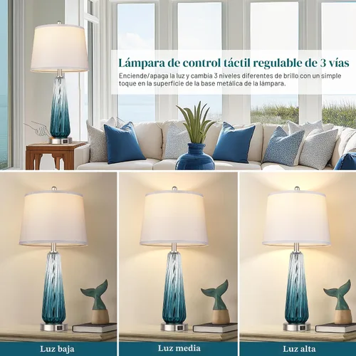 Vista 2 de Lámparas de mesa de cristal para sala de estar, modernas lámparas de noche con puertos USB A+C, lámpara de mesa de noche con control táctil Verde