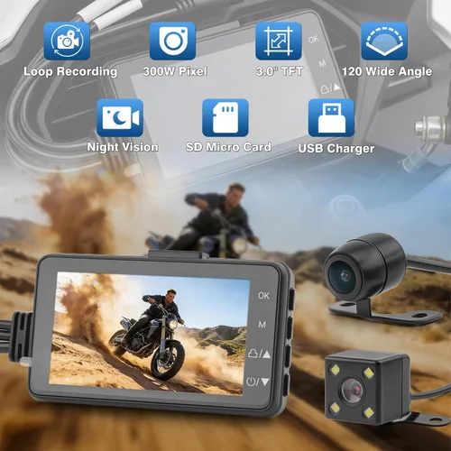Vista 4 de Cámara de salpicadero de motocicleta con doble cámara de visión nocturna impermeable 1080P y pantalla de 3 pulgadas, grabadora de conducción