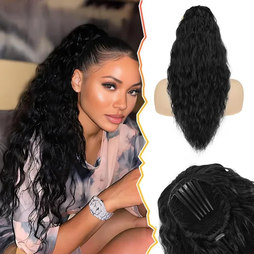 Vista 14 de BARSDAR Extensión de cola de caballo rizada ondulada con cordón negro marrón – 22 pulgadas de extensión de cabello sintético con peine de clip