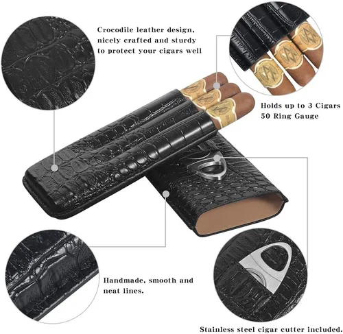 Vista 3 de Funda de cuero para cigarros, humidor de cigarros portátil de 3 dedos, funda para cigarrillos, tubo de cigarros de viaje con cortador de acero