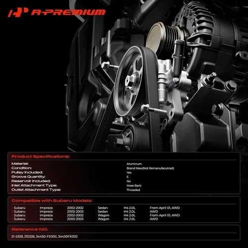Vista 2 de A-Premium Bomba de dirección asistida, con polea, compatible con Subaru Impreza 2002-2003, 2.0L, repuesto # 34430-FE002