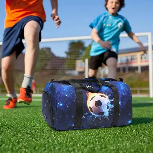 Vista 2 de CAMTOP Bolsa de viaje para mujeres y niñas, bolsa de mano deportiva para gimnasio y fin de semana, B-Fútbol, Bolsa de lona de fútbol infantil