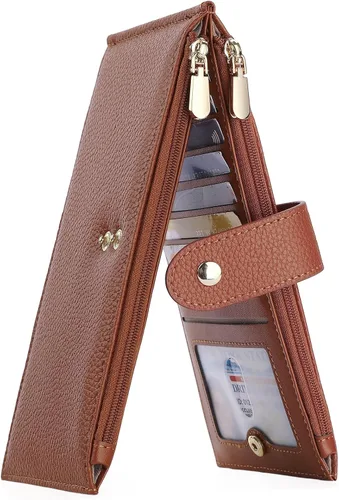 Vista 13 de GOIACII - Carteras delgadas para mujer con bloqueo RFID, tarjetero con 2 bolsillos con cremallera, monedero fino para mujer, negro (A01 Black)