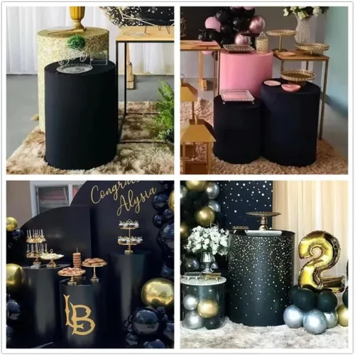 Vista 2 de Fundas cilíndricas negras para decoración de fiestas, fundas de pedestal sólidas, color negro, para baby shower, niños y adultos, fiesta