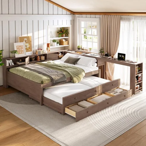 Vista 15 de Harper & Bright Designs Sofá cama de tamaño individual con cajones, sofá cama de madera para dormitorio, sala de estar, plataforma de madera