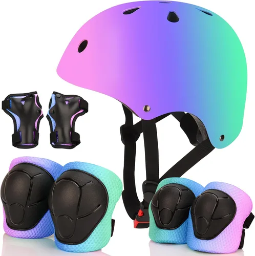 Vista 7 de Casco de bicicleta ajustable con gradiente de color y coderas y rodilleras - Casco para niños y niñas para patinaje, edades 3-14 Ideal