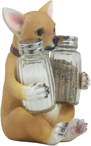 Vista 4 de Ebros Picante - Juego de figuras de taza de té de color marrón claro, chihuahua con collar, salero y pimienta, 6.25 pulgadas de alto, Chi Chi Taco