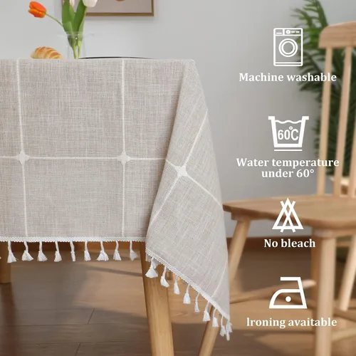 Vista 5 de JIALE Mantel para mesa rectangular, 120 pulgadas marrón y 120 pulgadas, manteles de color marrón a cuadros marrón a rayas marrones de lino