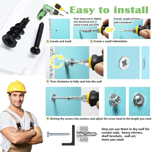 Vista 4 de Kit de 50 Piezas de Anclajes y Tornillos Autoperforantes de Metal para Drywall #8, 25 Anclajes Huecos de Servicio Pesado para Sheetrock + 25
