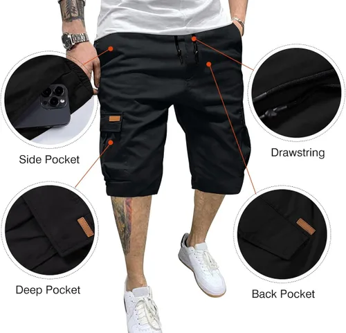 Vista 7 de JMIERR Pantalones cortos de sarga para hombre con cordón de algodón clásico elástico con 6 bolsillos