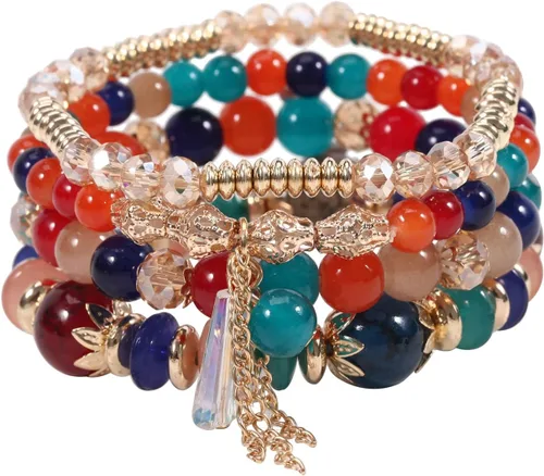 Vista 12 de 4 piezas de juego de pulseras bohemias apilables de múltiples capas con cuentas de cristal coloridas, pulseras elásticas con cuentas de oro Verde