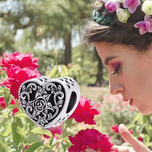 Vista 5 de Abalorio personalizado con diseño de corazón de flor de nacimiento, plata de ley, mes de nacimiento, flores, corazón, imagen, abalorio, pulsera