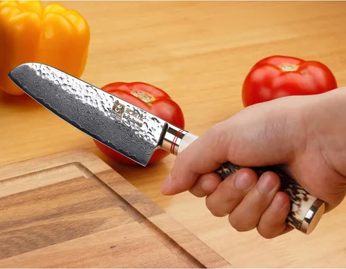 Vista 7 de SUNLONG Santoku - Cuchillos de 5 pulgadas con mango de cuernos naturales de Damasco martillado japonés