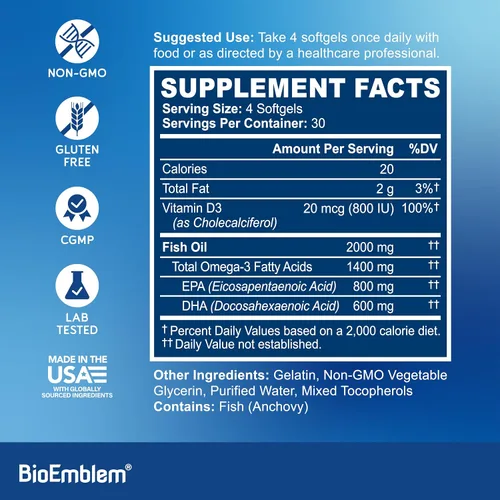 Vista 3 de BioEmblem Aceite de pescado Omega-3 2000mg por porción con vitamina D3-120