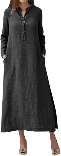Vista 13 de Maxi vestido largo liso para mujer, de algodón caftán, manga larga, vestido de gran