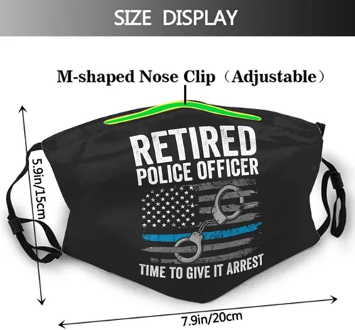 Vista 3 de Juego de 2 máscaras faciales más 4 filtros de aire reemplazables de línea azul fina bandera oficial de policía jubilado, lavable, reutilizable