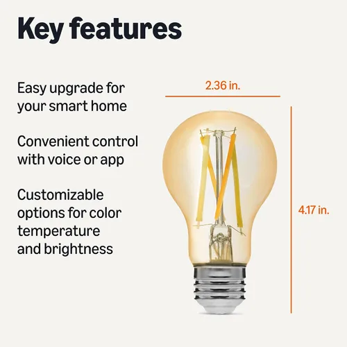 Vista 2 de Amazon Basics Bombilla LED de filamento inteligente A19, blanco sintonizable, Wi-Fi de 2.4 GHz, funciona solo con Alexa, paquete de 1