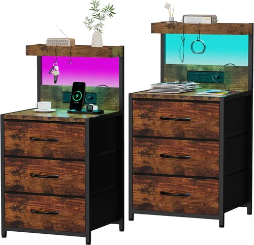 Vista 13 de SZLHANJZ - Mesita de noche LED con estación de carga, mesita de noche con 3 cajones y luces, mesa auxiliar de almacenamiento con estante y ganchos
