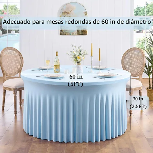 Vista 4 de Paquete de 6 manteles redondos de elastano azul bebé para mesa de 60 pulgadas, manteles elásticos de 120 pulgadas ajustables de 5 pies, manteles