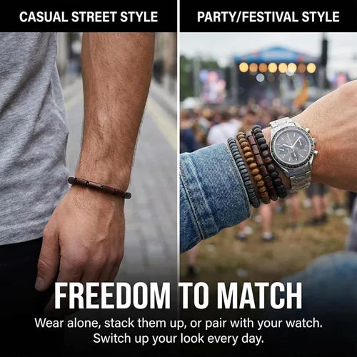 Vista 7 de TIESOME 6 pulseras de cuentas para hombre, cuentas de madera multicapa y pulseras de cuero trenzado, cordón elástico ajustable, estilo grunge