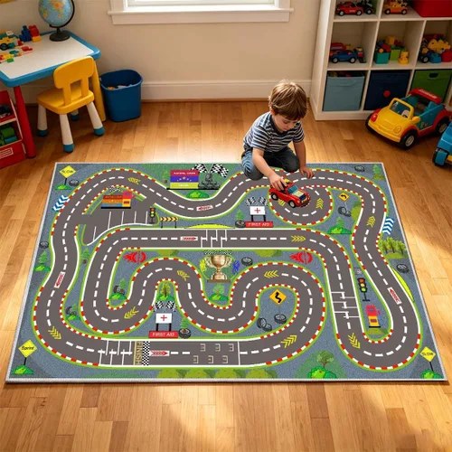 Vista 8 de Alfombra para Niños, Alfombras de Tapete de Juego de Pista de Carreras 47×31 pulgadas, Alfombra para Niños con Respaldo de Goma, Línea de Salida
