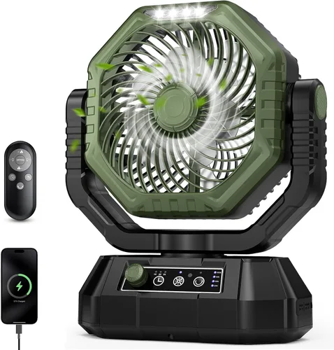 Vista 12 de AJVV Ventilador de camping con luz, control remoto y oscilación, ventilador colgante de tienda de campaña a batería, recargable portátil