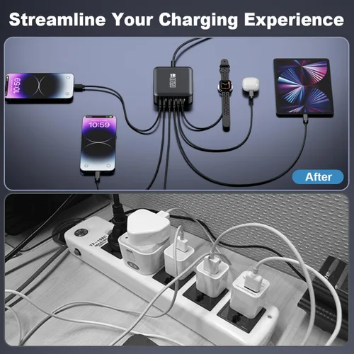 Vista 4 de Bloque de cargador rápido USB C, adaptador de concentrador de estación de carga de 120 W, 6 puertos, cargador múltiple de pared USB C con Negro