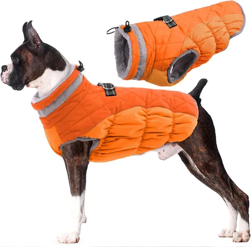 Vista 42 de Lelepet Abrigo cálido para perro, abrigo de invierno para perro, chaqueta impermeable para perros con arnés integrado reflectante de forro polar