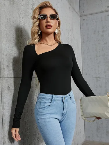 Vista 5 de SHENHE Body de manga larga para mujer, ajustado, cuello asimétrico, overol