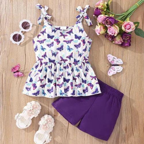 Vista 2 de zarmfly Conjunto de ropa de verano para niñas pequeñas, conjunto de 2 piezas con nudo de corbata, hombros descubiertos, sin mangas, con volantes