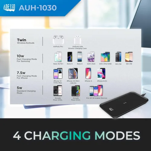 Vista 3 de Adesso Almohadilla de carga inalámbrica de 3 bobinas con certificación Qi máx. AUH-1030 de 10W
