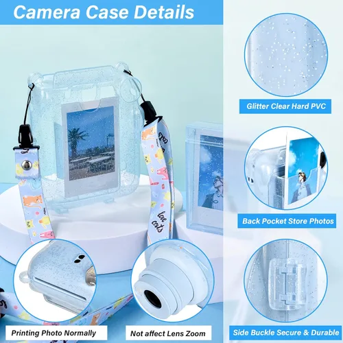 Vista 8 de Fuji Mini 12 - Funda rígida de policarbonato transparente para cámara instantánea Instax Mini 12 con calcomanías y soporte para almacenamiento