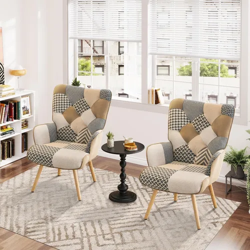 Vista 10 de Silla de Acento, Silla de Sala de Estar, Sillón Moderno de Respaldo Alto, Sillas de Lectura de Patchwork Colorido para Dormitorio, Silla de Descanso