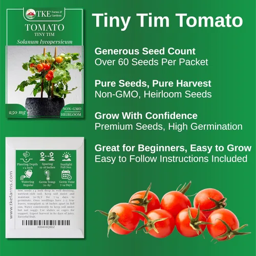 Vista 2 de TKE Farms & Gardens - Semillas de tomate Tiny Tim para plantar, más de 60 semillas tradicionales sin OMG, tomates cherry compactos para espacios